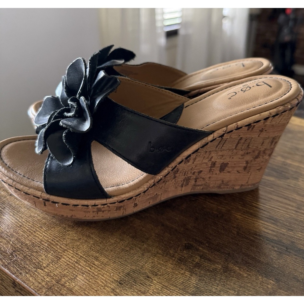 BOC Born Concept Sandals Womens 8M Cork Platform Wedge Black Leather Flower - Picture 3 of 7